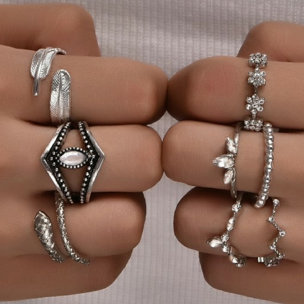 Last 1☆ 8pcs Bohemian Vintage Geometry Rhinestone Women Rings